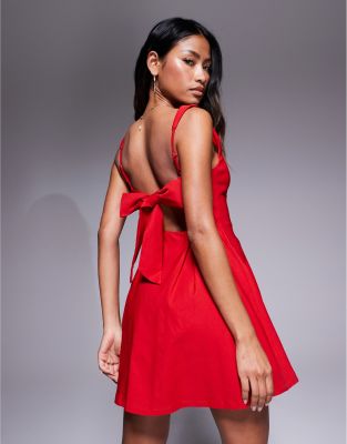 love triangle square neck bengaline mini dress with bow back in red