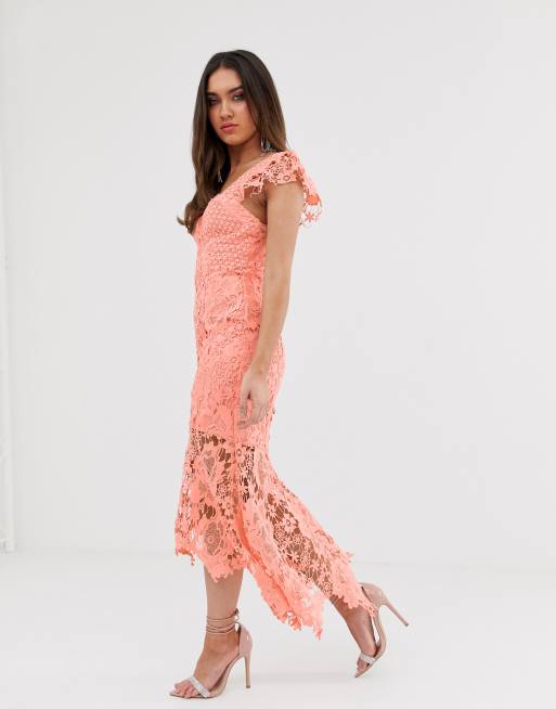 Love Triangle sweetheart neck lace dress with cupped top in soft coral