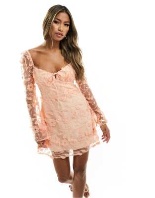 Love Triangle Sweetheart Neck Lace Mini Dress In Apricot-orange