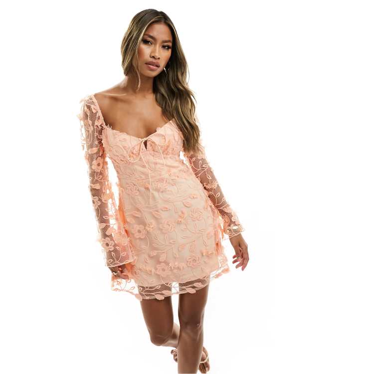 Love Triangle sweetheart neck lace dress with cupped top in soft coral