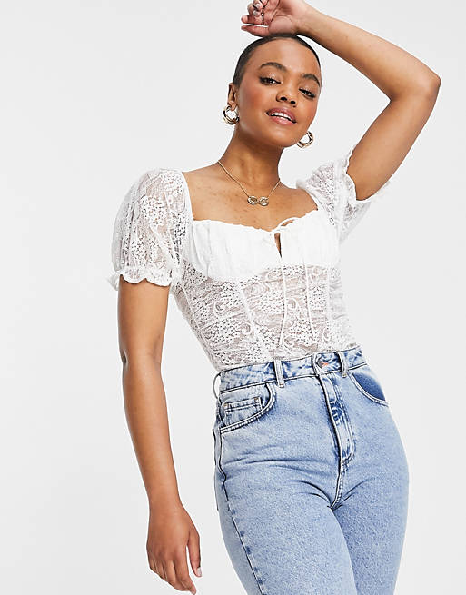 Love Triangle tie back lace bodysuit with ruching detail in white