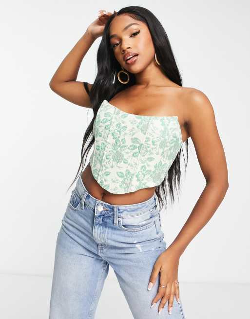 Love Triangle - Top a corsetto in jacquard verde a fiori