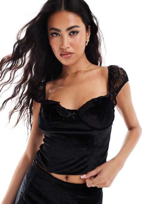 Love Triangle velvet corset top with lace detail in black co ord