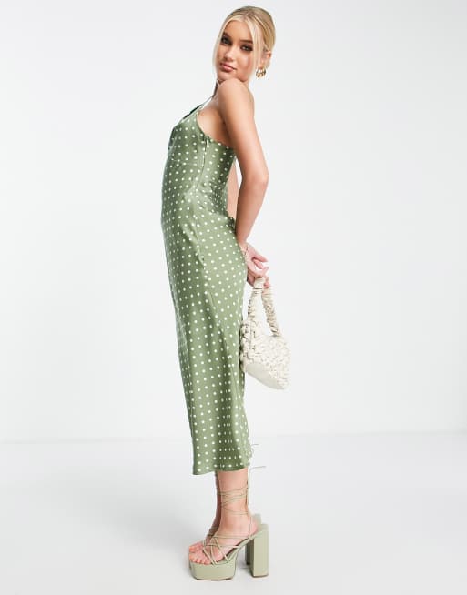 Love Triangle - Vestito con spalline sottili midi in raso color salvia incrociato sul davanti