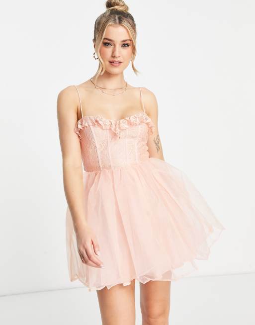 Love Triangle - Vestito corto in organza color pesca con spalline sottili