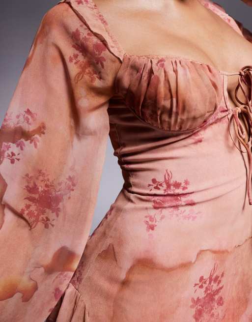 Love Triangle - Vestito corto stile milkmaid a fiori color albicocca con laccio, 3 di 4