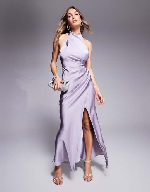 Love Triangle - Vestito lungo allacciato al collo raccolto lilla polvere, 2 di 4