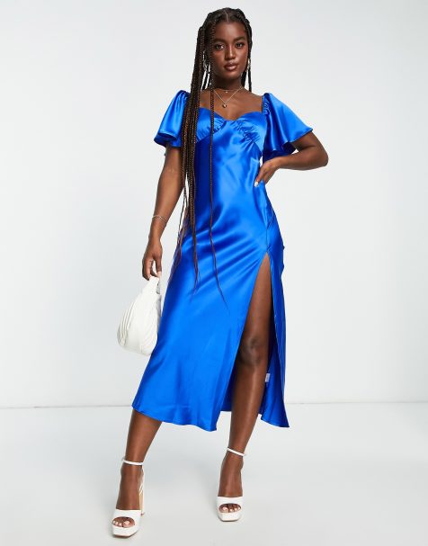 Love Triangle - Vestito midi in raso blu cobalto con maniche con volant - view 1