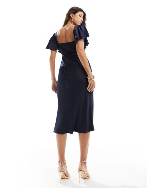 Love Triangle - vestito midi in raso blu navy con corsetto, 4 di 4