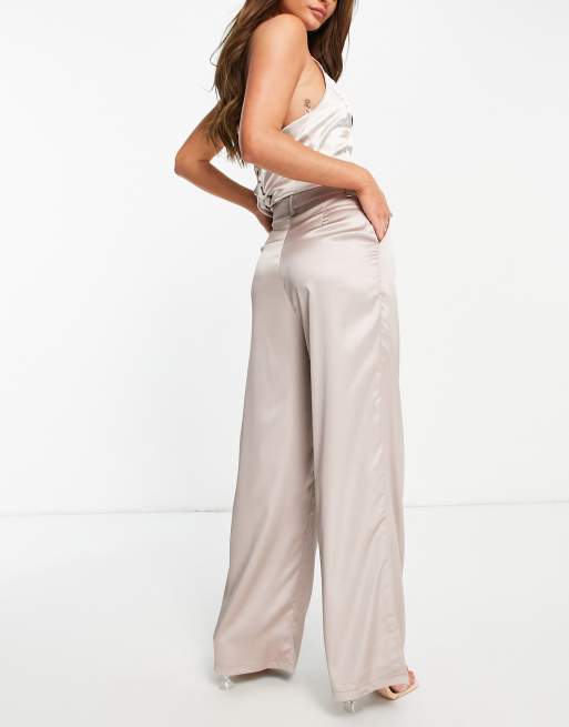 Love Triangle wide leg satin pants in mushroom - part of a