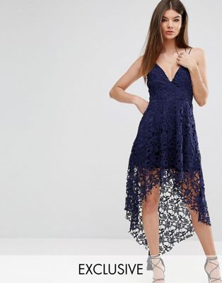 Love Triangle | Love Triangle Wrap Front Lace Dress with High Low Hem