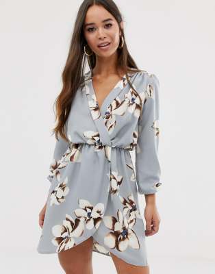 grey floral wrap dress