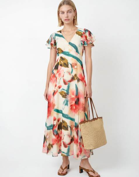 Lovedrobe Abstract floral print v neck flutter sleeve midaxi dress in multi - view 1