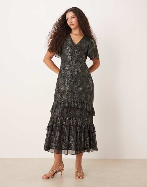 Lovedrobe Angel sleeve ruffled midaxi dress in black