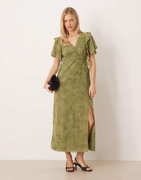 Lovedrobe Angel sleeve v neck midaxi dress in khaki - view 1