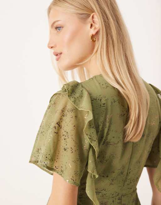 Lovedrobe Angel sleeve v neck midaxi dress in khaki, 3 of 4