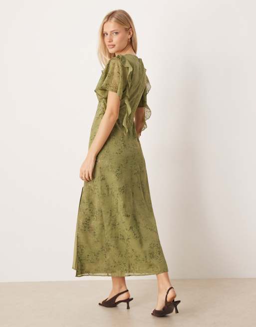 Lovedrobe Angel sleeve v neck midaxi dress in khaki, 4 of 4