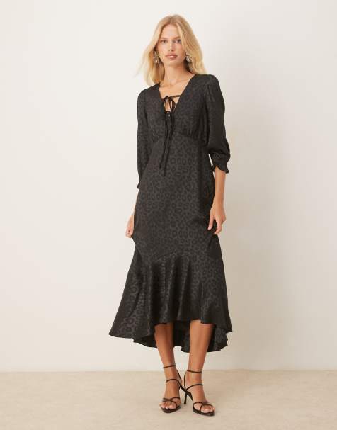 Lovedrobe Animal jacquard tie neck high-low hem dress in black