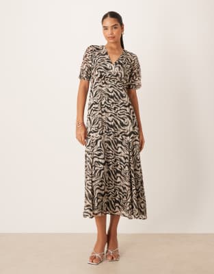 Lovedrobe Animal Print Faux Wrap Puff Sleeve Midaxi Dress In Multi