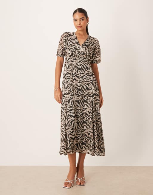Lovedrobe Animal print faux wrap puff sleeve midaxi dress in mono