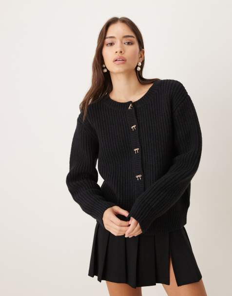 Lovedrobe Bow button detail round neck cardigan in black - view 1