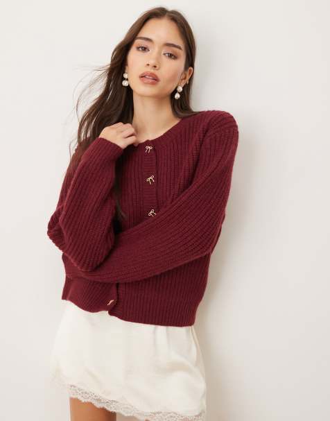 Lovedrobe Bow button detail round neck cardigan in burgundy