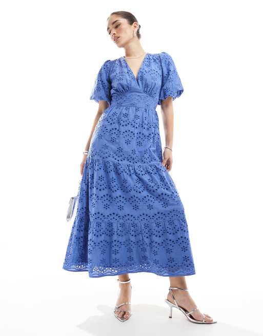 Lovedrobe Broderie puff sleeve tiered midi dress in indigo blue