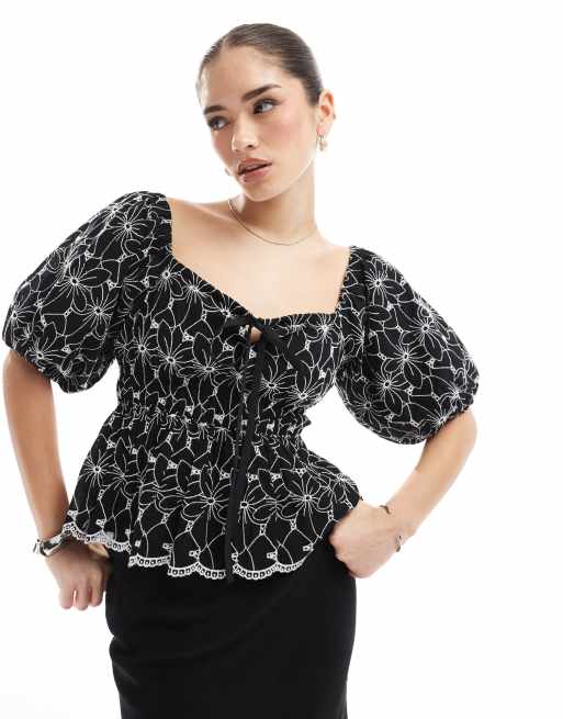 Lovedrobe Broderie square neck peplum top in black