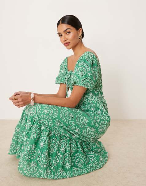 Lovedrobe Broderie tie neck midaxi dress in green - view 1