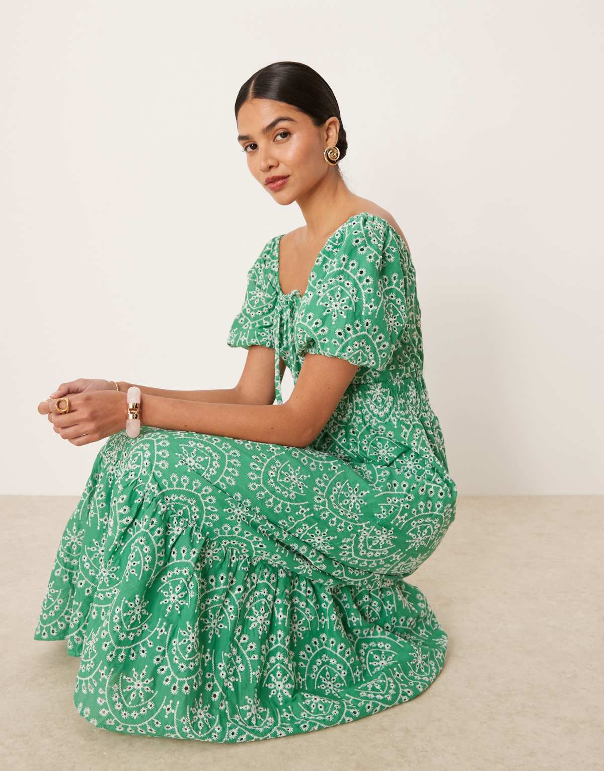 Lovedrobe Broderie tie neck midaxi dress in green