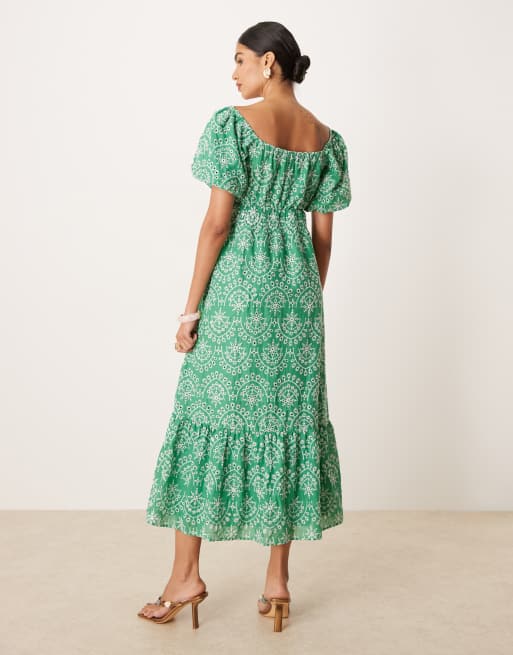Lovedrobe Broderie tie neck midaxi dress in green, 3 of 4