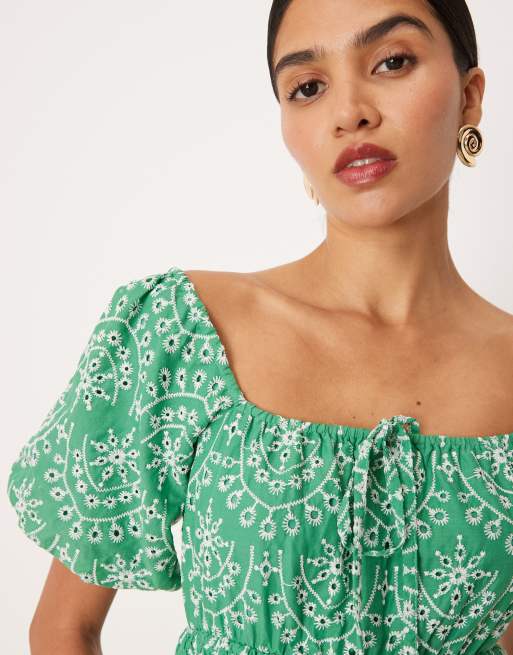 Lovedrobe Broderie tie neck midaxi dress in green