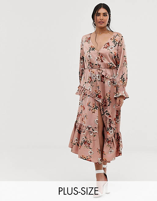 Lovedrobe button front midaxi dress with blouson sleeve and ruffle skirt in pink floral