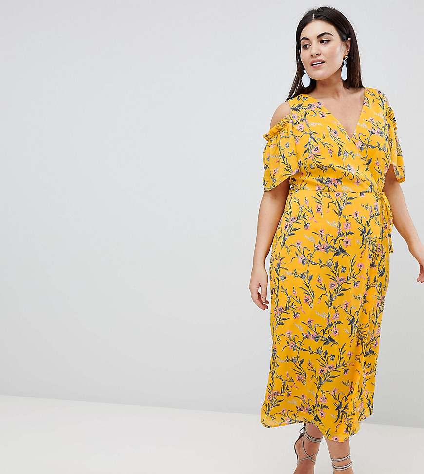 Lovedrobe Cold Shoulder Midi Dress In Bright Floral Print-Multi