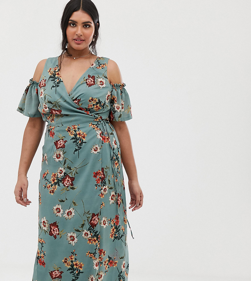 Lovedrobe cold shoulder midi dress with tie waist in teal floral-Green