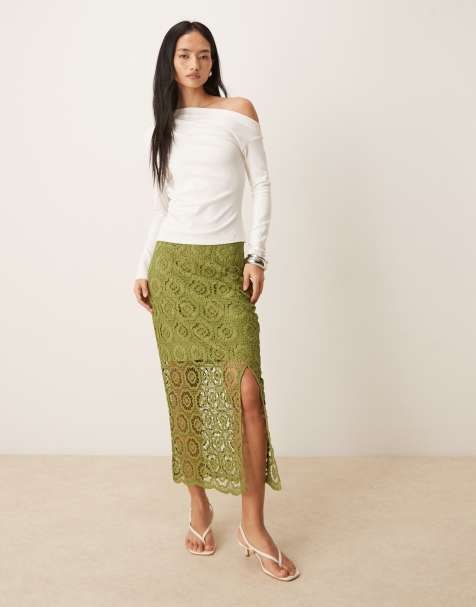 Lovedrobe Crochet lace midi skirt in khaki