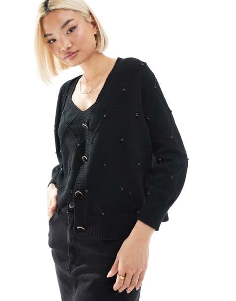 Lovedrobe Diamante cardigan crop top set in black