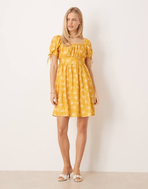 Lovedrobe Elasticated square neck short sleeve mini dress in marigold - view 1