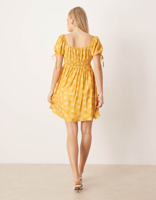 Lovedrobe Elasticated square neck short sleeve mini dress in marigold, 4 of 4