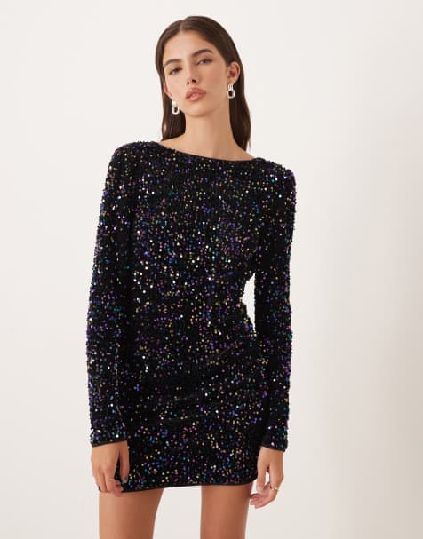 Lovedrobe Embellished v-back velvet bodycon mini dress in black - view 1