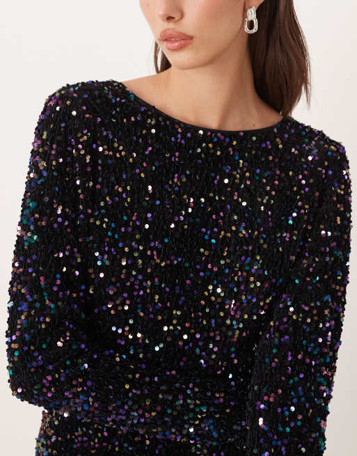 Lovedrobe Embellished v-back velvet bodycon mini dress in black, 3 of 4