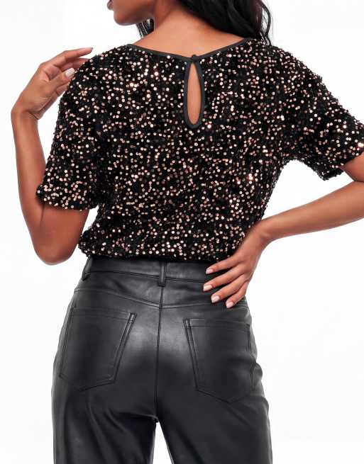 Lovedrobe Embellished velvet short sleeve boxy top in black / gold, 2 of 7