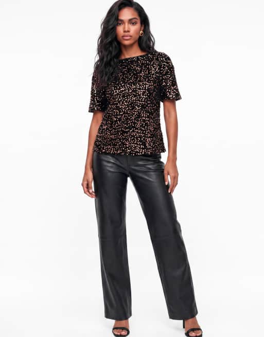 Lovedrobe Embellished velvet short sleeve boxy top in black / gold, 3 of 7