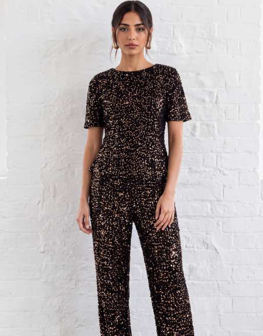 Lovedrobe Embellished velvet short sleeve boxy top in black / gold, 6 of 7