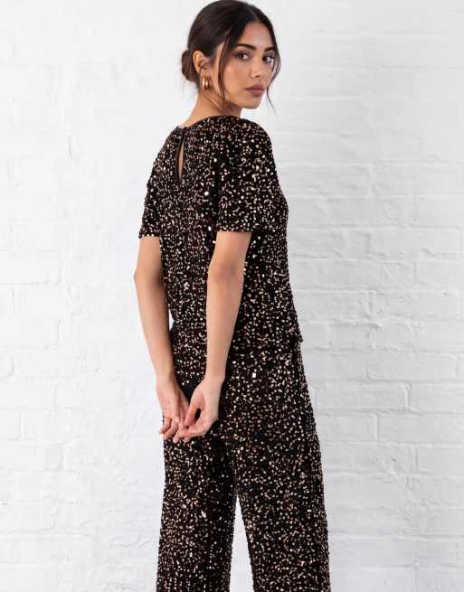 Lovedrobe Embellished velvet short sleeve boxy top in black / gold, 7 of 7