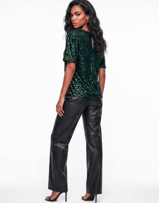 Lovedrobe Embellished velvet short sleeve boxy top in emerald, 2 of 6
