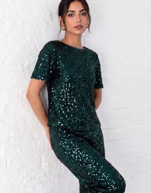 Lovedrobe Embellished velvet short sleeve boxy top in emerald, 6 of 6
