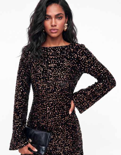 Lovedrobe Embellished velvet tie-back swing mini dress in black / gold, 3 of 6