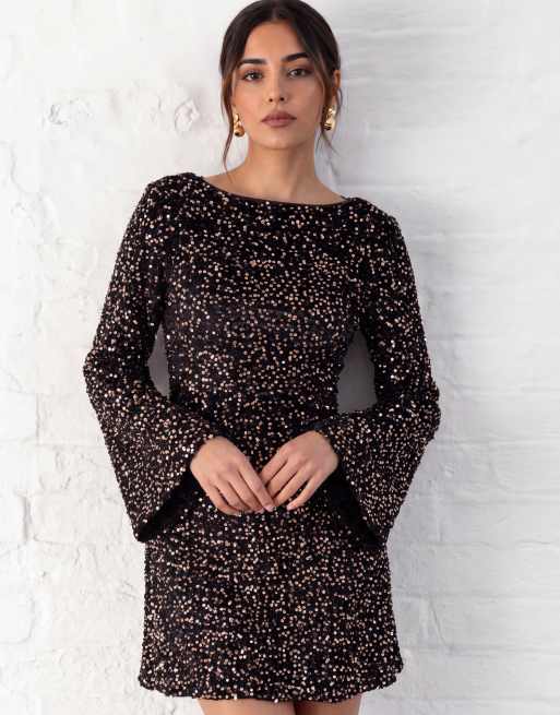 Lovedrobe Embellished velvet tie-back swing mini dress in black / gold, 6 of 6