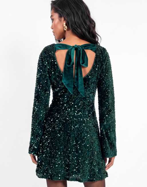 Lovedrobe Embellished velvet tie-back swing mini dress in emerald, 4 of 6